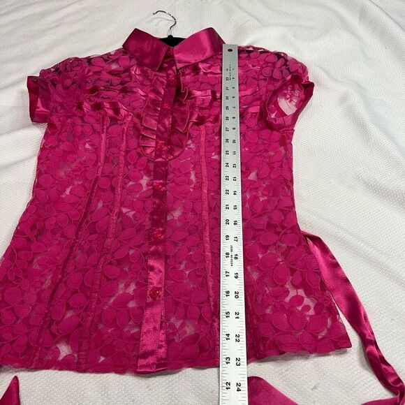 NY Collection Hot Pink Lace Ribbon Detail Short Sleeve Button Up Top Sz M Women - Picture 5 of 6